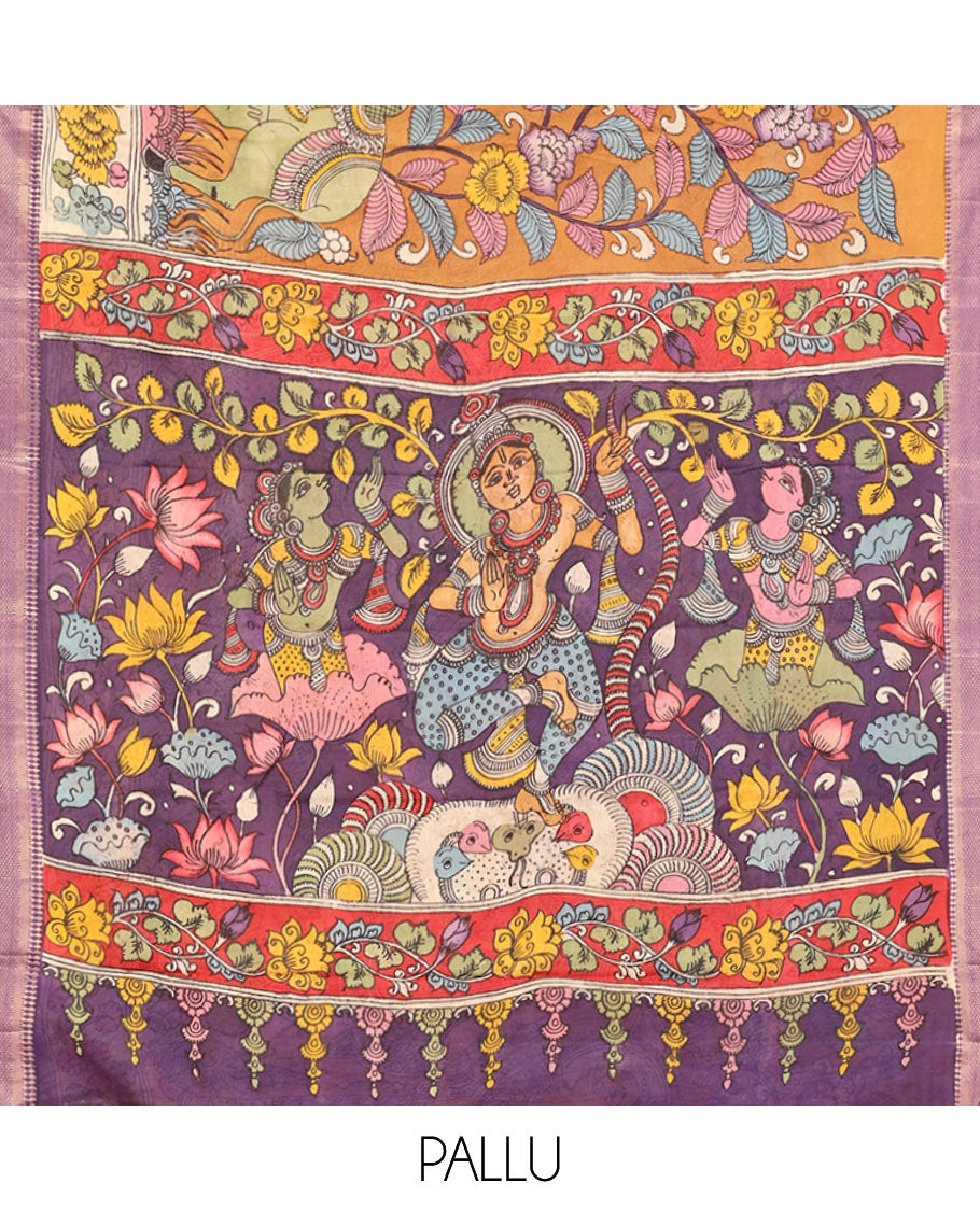 Orange Kalamkari Printed Semi-Banarasi Tussar Saree, Mesmerized with Flora-Fauna Motifs, Contrast Traditional Border, God Motifs Printed Pallu, and a Contrast Blouse