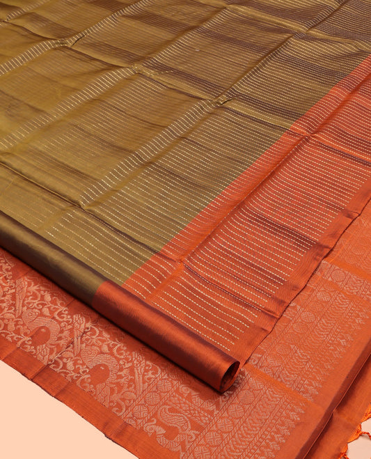 Green Mayuri Lite Silk Mix Saree, Gleamed up with Zari Stripes, a Contrast Zari Striped Border, Pallu Steeped with Parrot Designs, and a Contrast Blouse