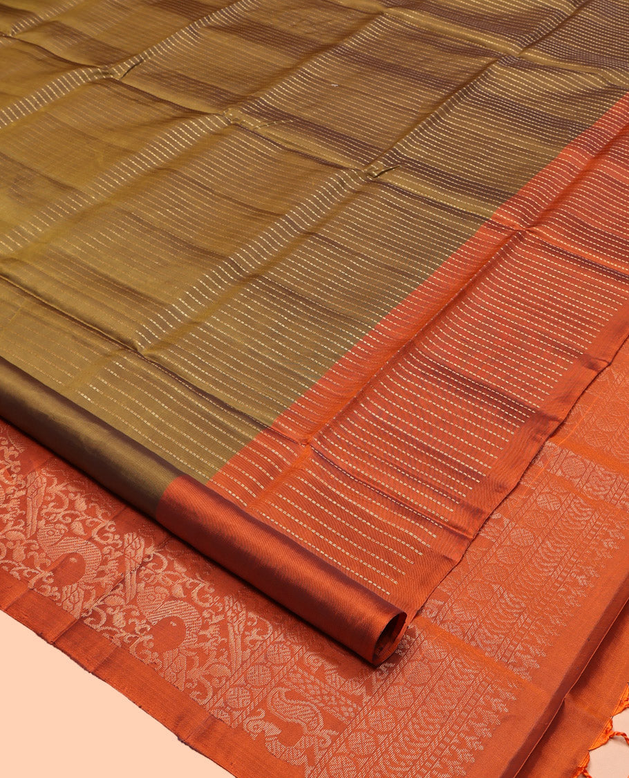 Green Mayuri Lite Silk Mix Saree, Gleamed up with Zari Stripes, a Contrast Zari Striped Border, Pallu Steeped with Parrot Designs, and a Contrast Blouse