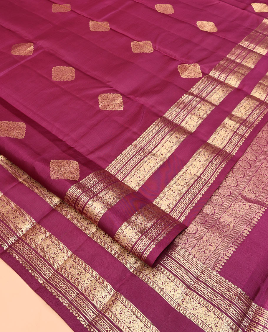 Wine Vasundhara Silk Saree, Woven with Zari Buttas, Highlighted by a Traditional Zari Design Woven Border, Intricate Pallu, and a Matching Blouse