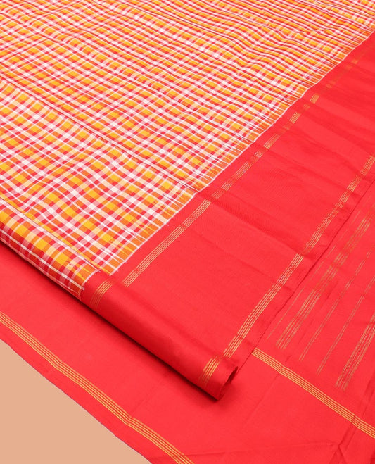 Multi-Color Checked Kanchipuram Silk Saree, Complemented by a Contrast Thazampoo Rekku Bodi Border, Zari Checked Pallu, and Contrast Blouse