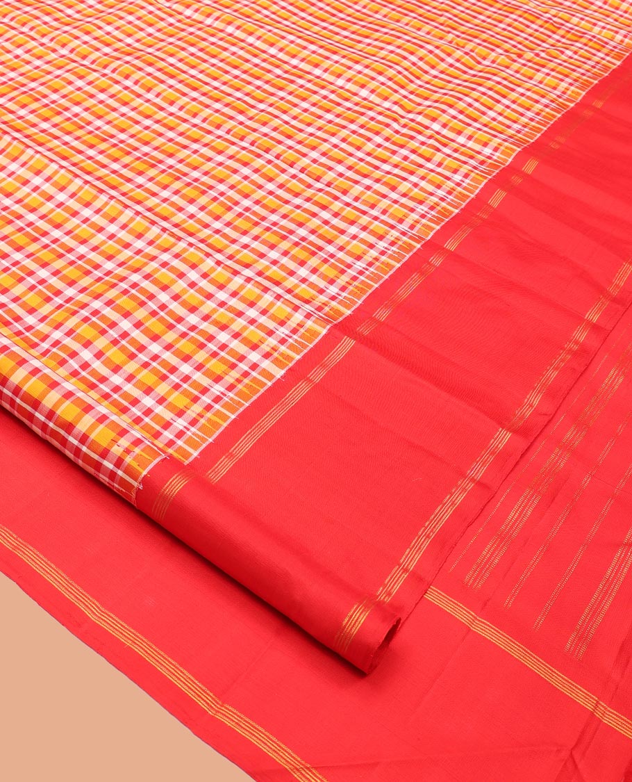 Multi-Color Checked Kanchipuram Silk Saree, Complemented by a Contrast Thazampoo Rekku Bodi Border, Zari Checked Pallu, and Contrast Blouse