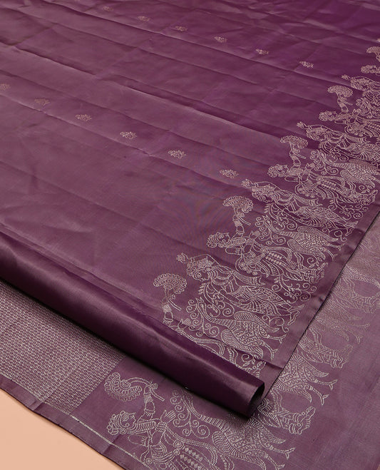 Grey Mayuri Soft Silk Saree, Subtly Sparkled With Buttas and Ancient Historial Story Figurines Woven On Its Body, Intricately Designed Pallu and Paired with a Matching Blouse