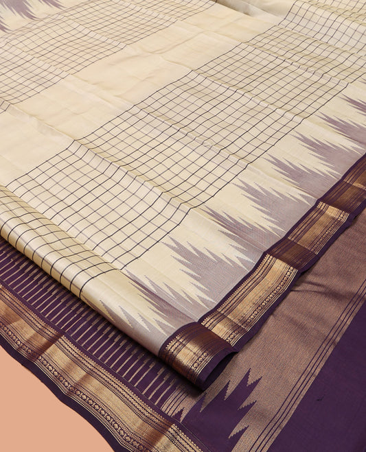 Cream Vasundhara Lite-Silk Mix Saree, Adorned with Checks, Complemented by a Contrast Temple Border of Rekku, Kathir, Neli, and Mayil Kann Designs, Temple Pallu, and a Contrast Blouse