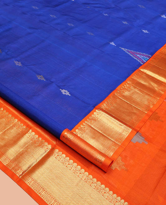 Blue Venkatagiri Silk Saree, Bedecked with Zari Buttas All Over Its Body, Complemented by a Contrast Traditional Zari Design Border, Gleaming Zari Striped Pallu, and Paired with a Contrast Blouse