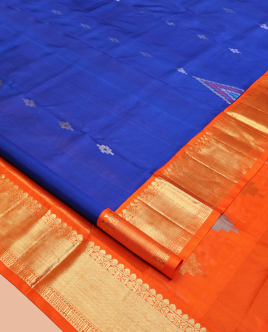 Blue Venkatagiri Silk Saree, Bedecked with Zari Buttas All Over Its Body, Complemented by a Contrast Traditional Zari Design Border, Gleaming Zari Striped Pallu, and Paired with a Contrast Blouse