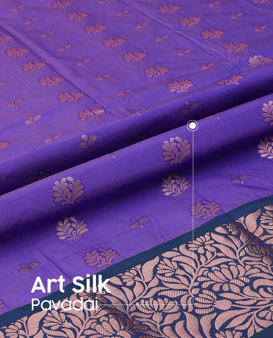 Lavender Art Silk Pavadai Material Set Enriched with Floral Zari Buttas All Over the Skirt, Complemented by a Contrast Floral Jaal Zari Border, and Paired with a Contrast Blouse
