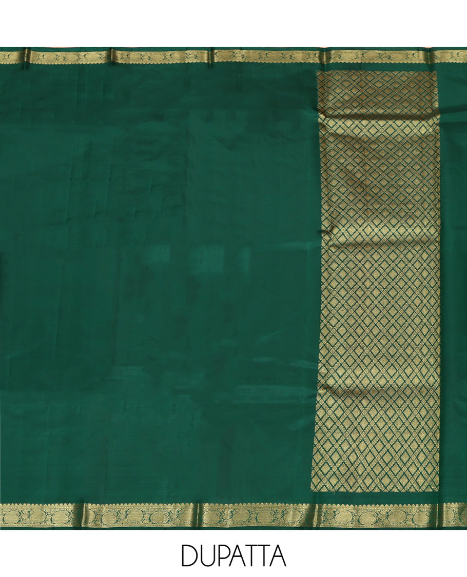 Yellow Pure Silk Half-Saree, Sparsely Woven with Floral Jacquard All Over Its Skirt, Complemented by a Contrast Korvai Border of Thilakam Mokku, Paisa, and Diamond Designs, Paired with a Contrast Blouse, and Comes with a Jaal Design Dhavani