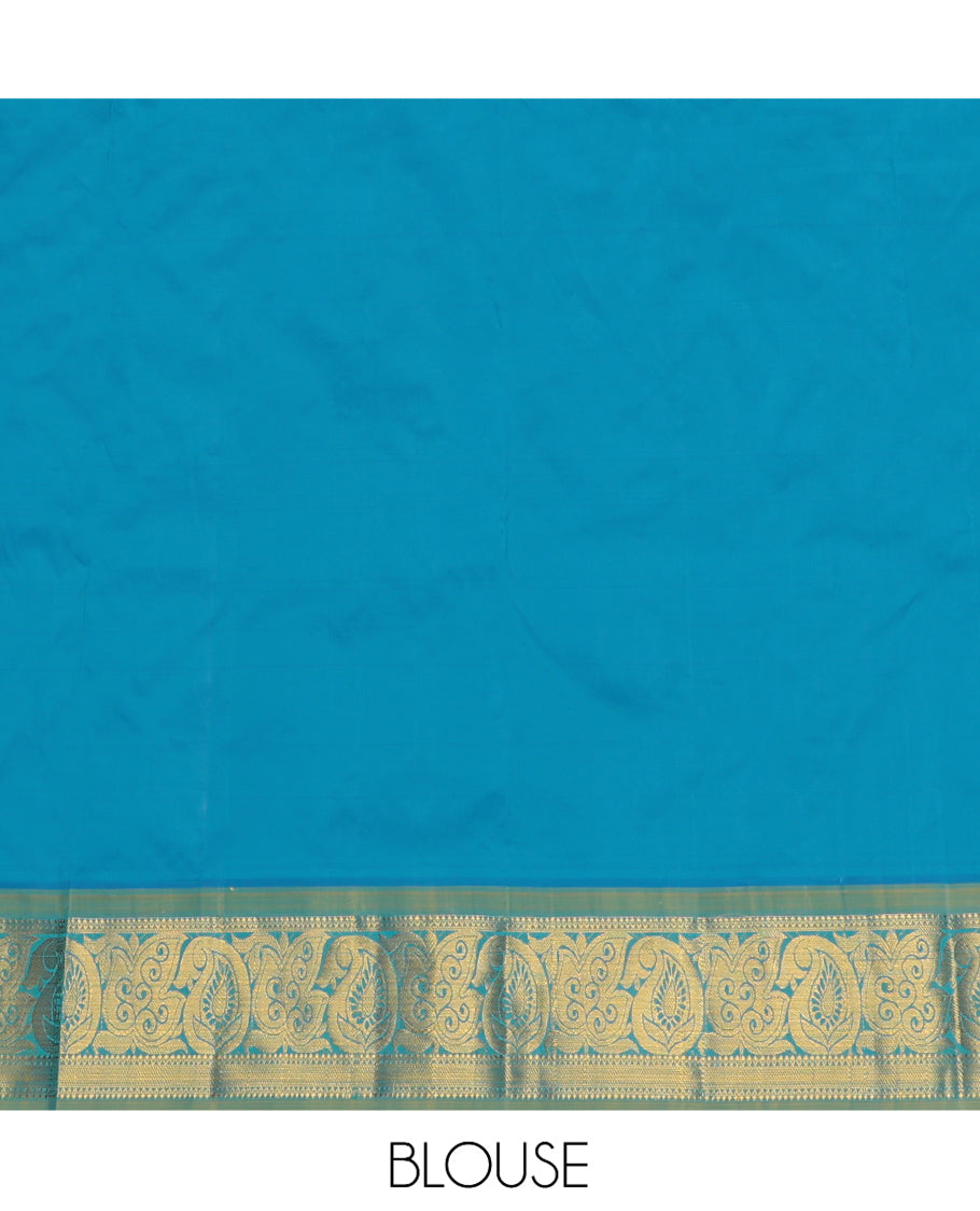 Blue Art Silk Pavadai Material Set, Delicately Woven with Zari Designs on Its Skirt, Complemented by a Contrast Paisley Zari Border, and a Matching Blouse