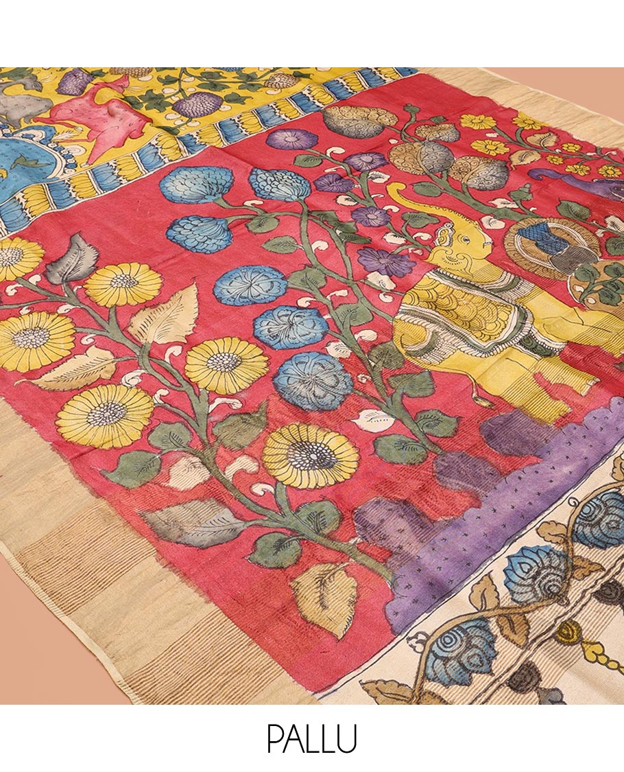 Yellow Tussar Kalamkari Saree