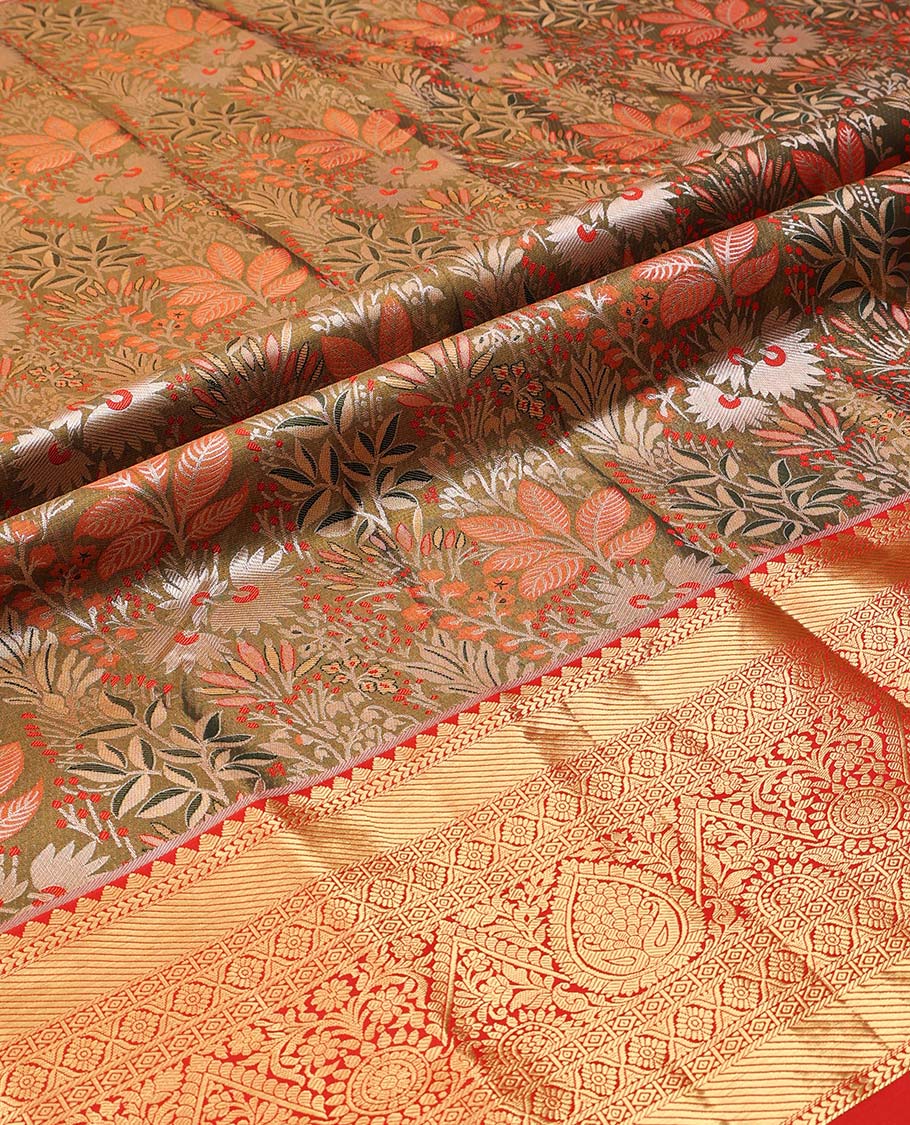 Green Art Silk Material Half-Saree Set, Features Floral Jacquard Design Skirt, Complemented by Captivating Contrast Traditional Zari Designs Woven Border, Paired with a Contrast Blouse and a Intricate Dhavani