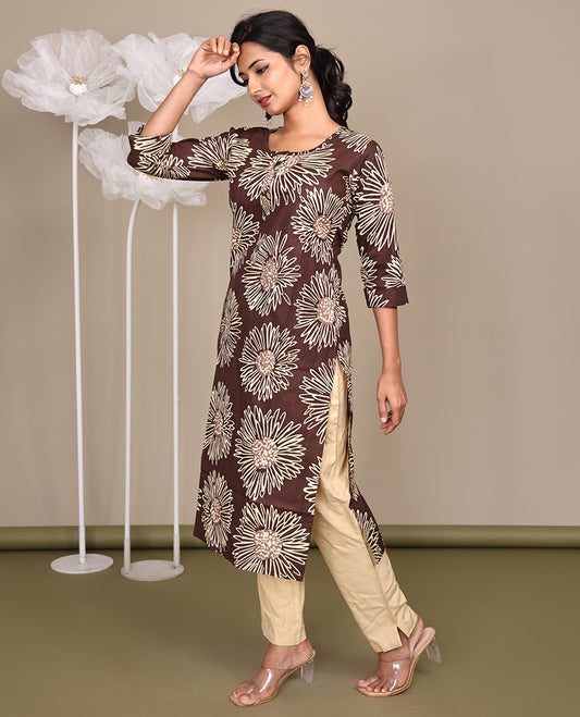 Brown Floral Printed Below-Knee-Length Cotton Kurti, Featuring a Round Neckline, 3/4 Sleeves, and a Straight-Cut Length
