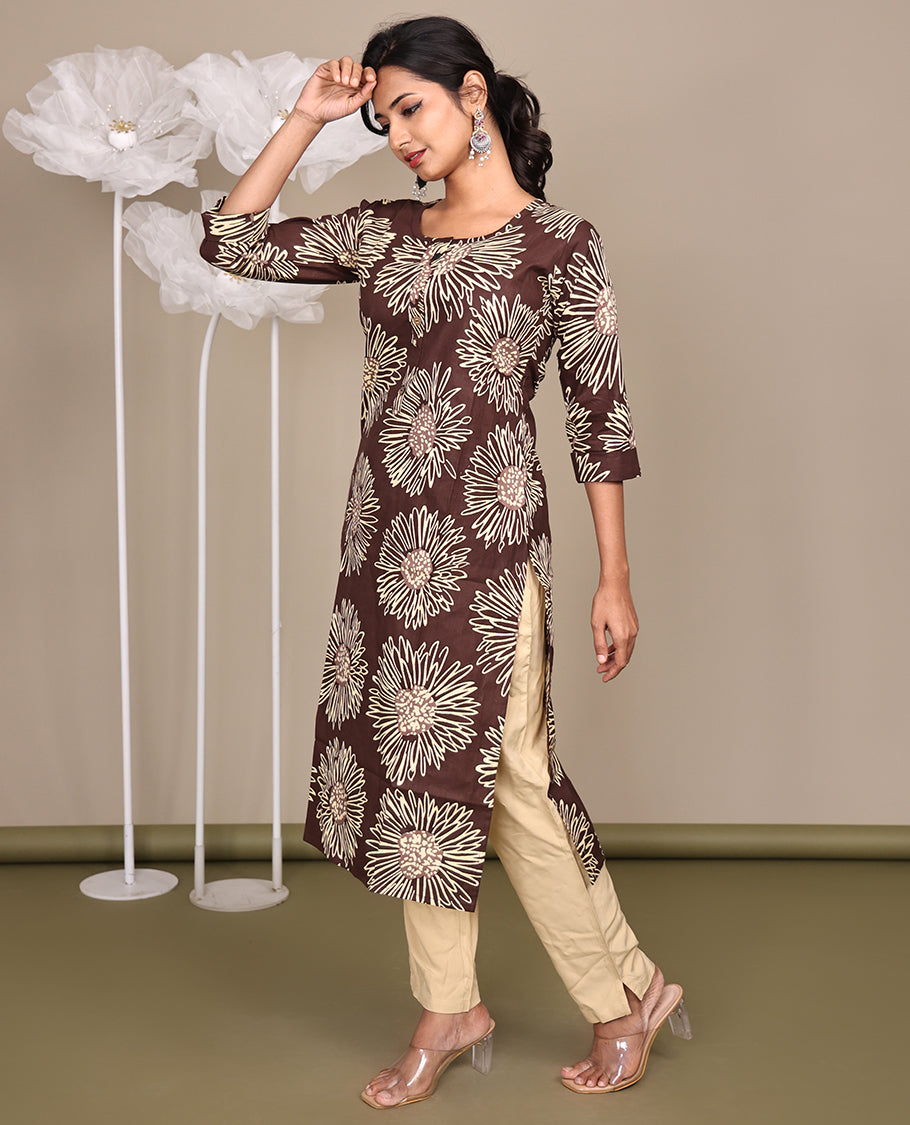 Brown Floral Printed Below-Knee-Length Cotton Kurti, Featuring a Round Neckline, 3/4 Sleeves, and a Straight-Cut Length