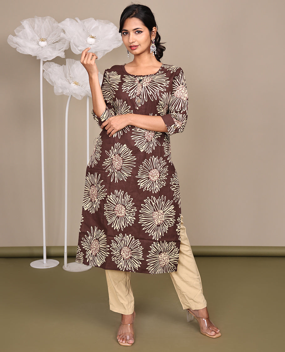 Brown Floral Printed Below-Knee-Length Cotton Kurti, Featuring a Round Neckline, 3/4 Sleeves, and a Straight-Cut Length