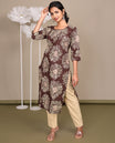 Brown Floral Printed Below-Knee-Length Cotton Kurti, Featuring a Round Neckline, 3/4 Sleeves, and a Straight-Cut Length