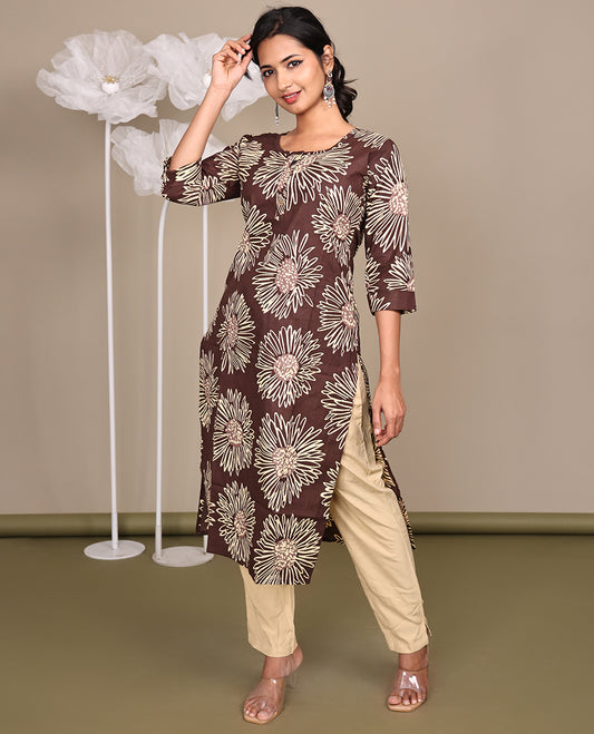 Brown Floral Printed Below-Knee-Length Cotton Kurti, Featuring a Round Neckline, 3/4 Sleeves, and a Straight-Cut Length