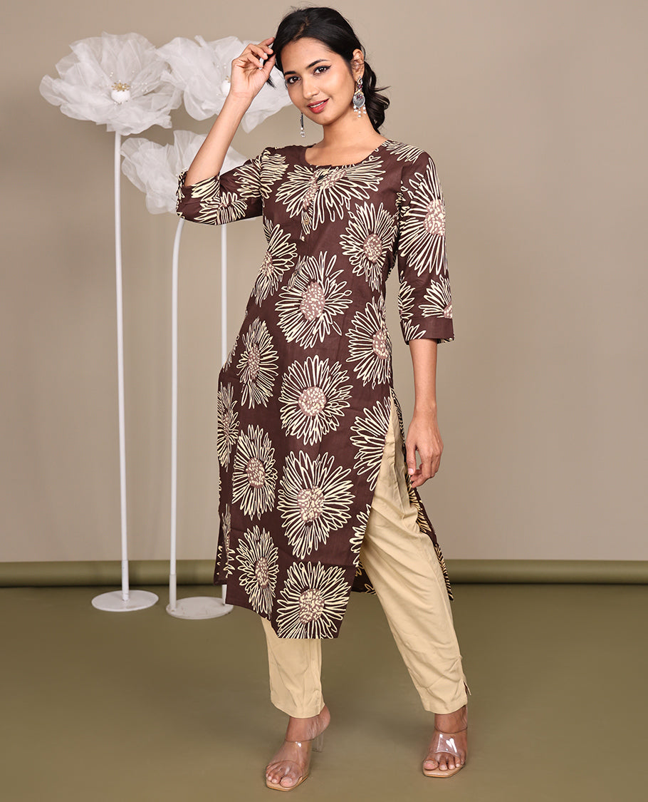 Brown Floral Printed Below-Knee-Length Cotton Kurti, Featuring a Round Neckline, 3/4 Sleeves, and a Straight-Cut Length
