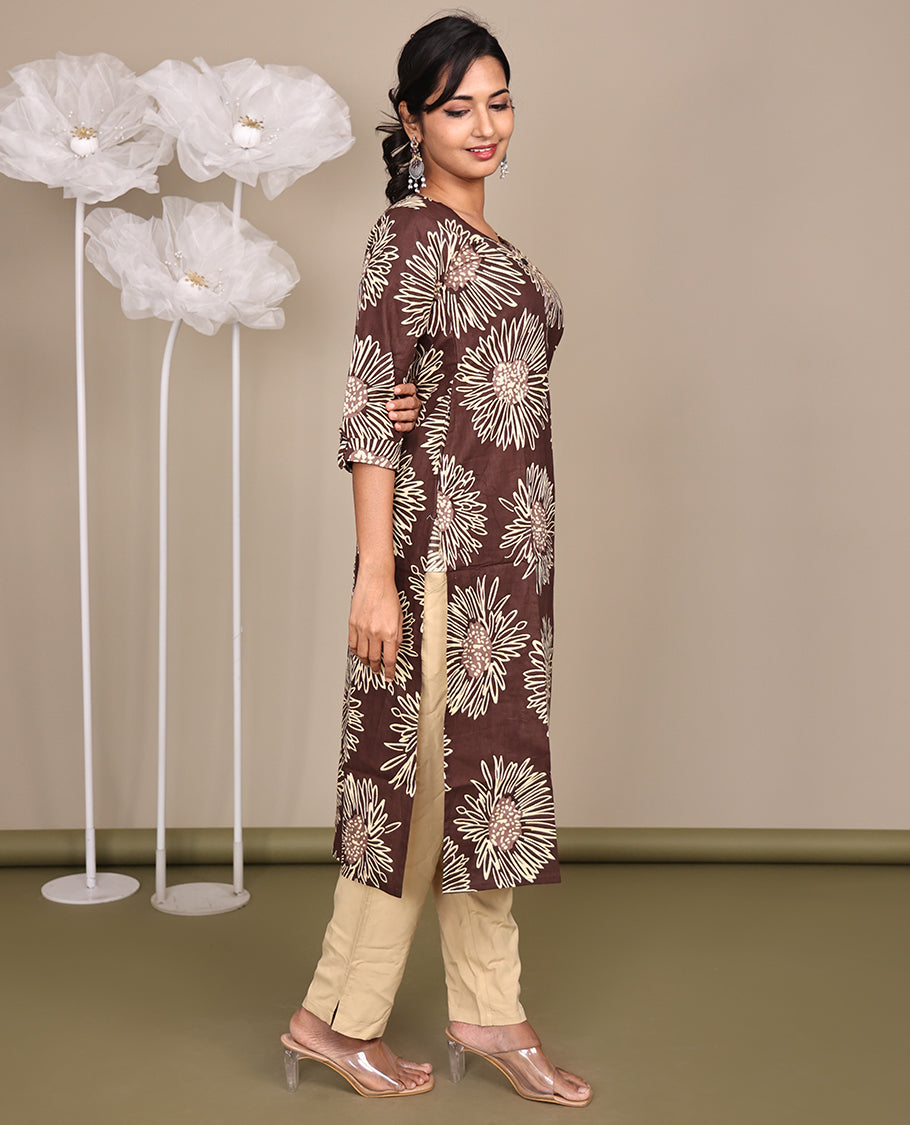 Brown Floral Printed Below-Knee-Length Cotton Kurti, Featuring a Round Neckline, 3/4 Sleeves, and a Straight-Cut Length