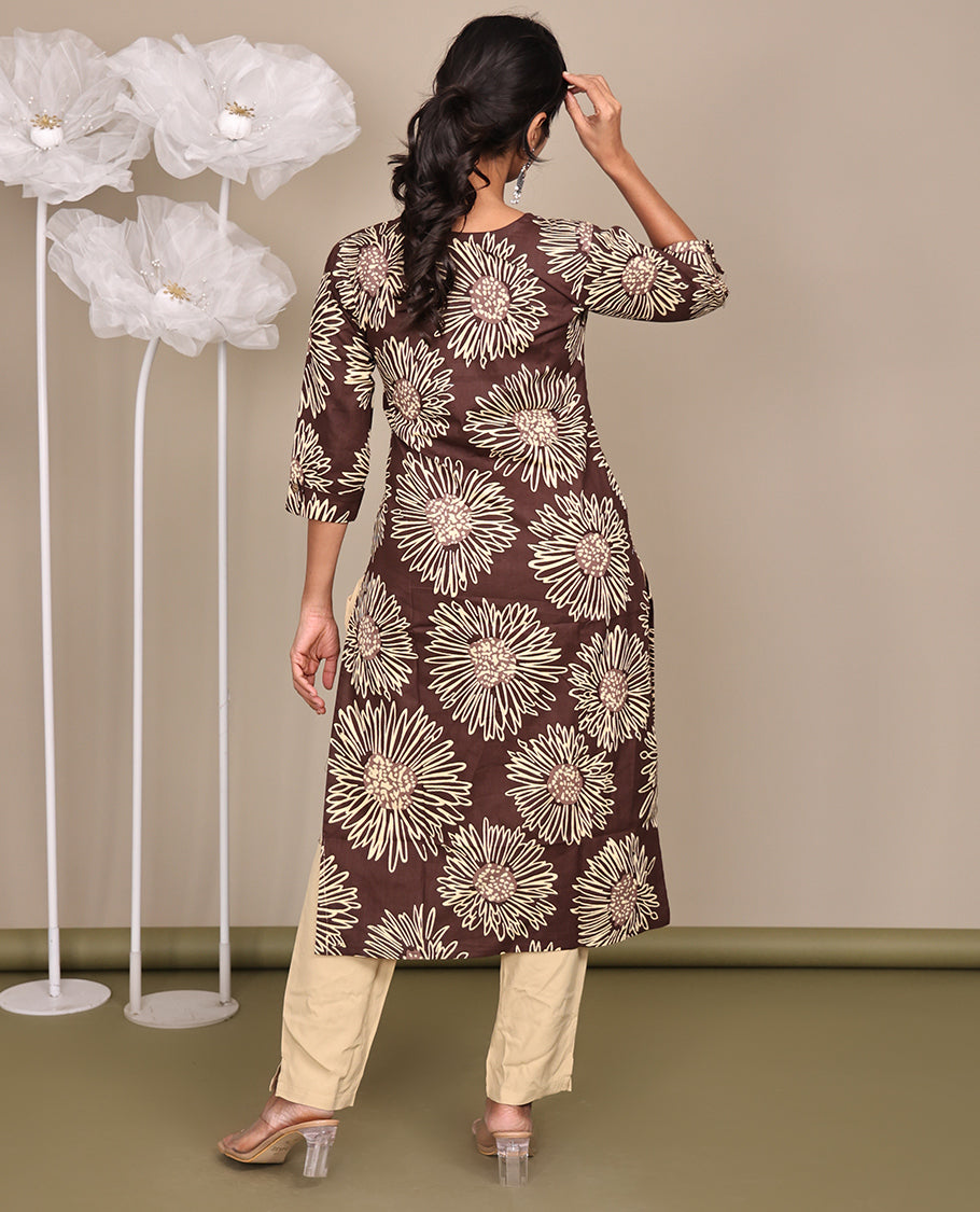 Brown Floral Printed Below-Knee-Length Cotton Kurti, Featuring a Round Neckline, 3/4 Sleeves, and a Straight-Cut Length