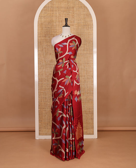 Borderless maroon jamdani weaving design gajji silk saree and  jamdani design self pallu along with printed blouse