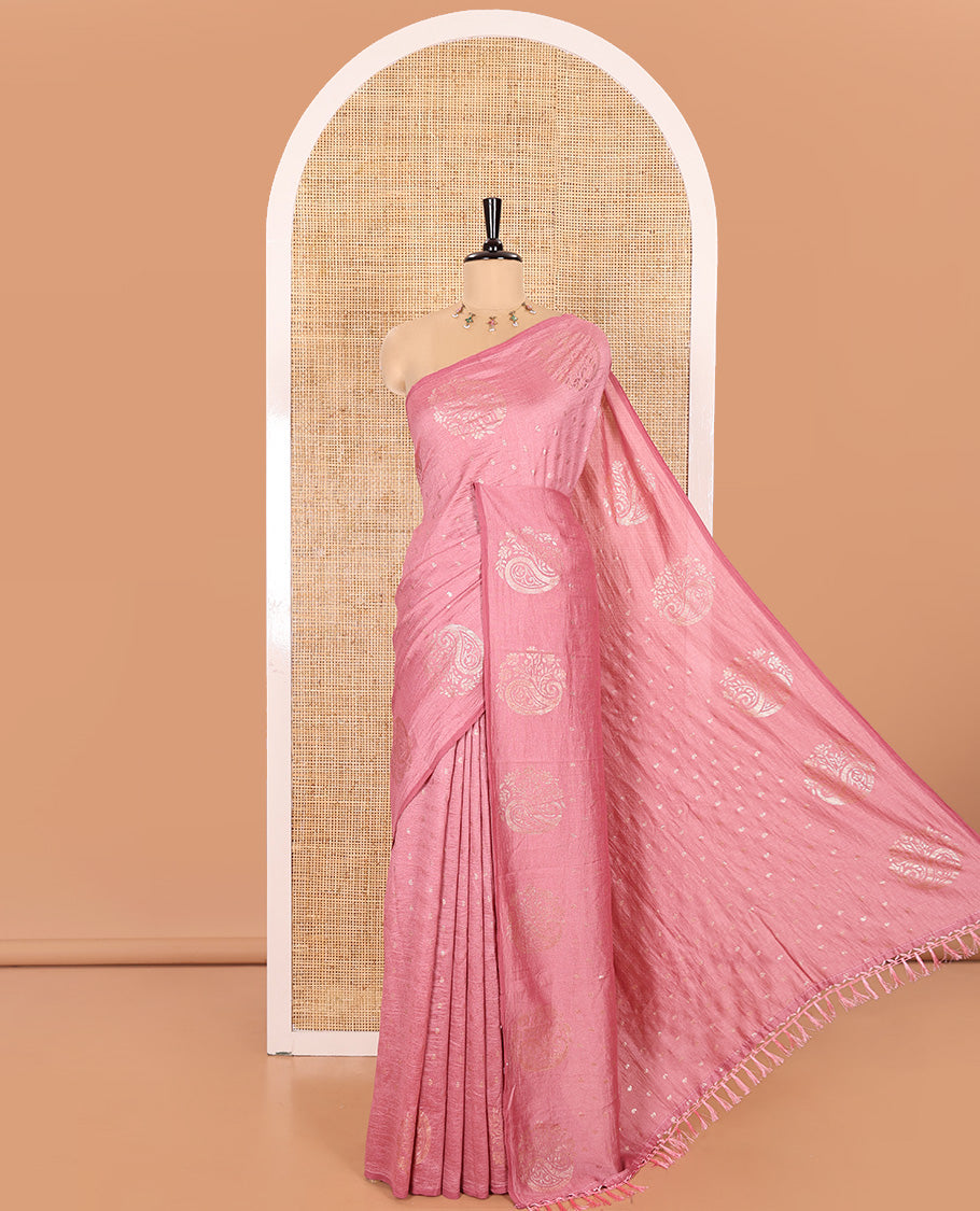 Pink Vichitra Silk Saree Embellished with Small Paisley Buttas All Over Its Body, Complemented by a Contrast Border of Floral-Paisley Designs, Self Pallu, and Comes Without a Blouse