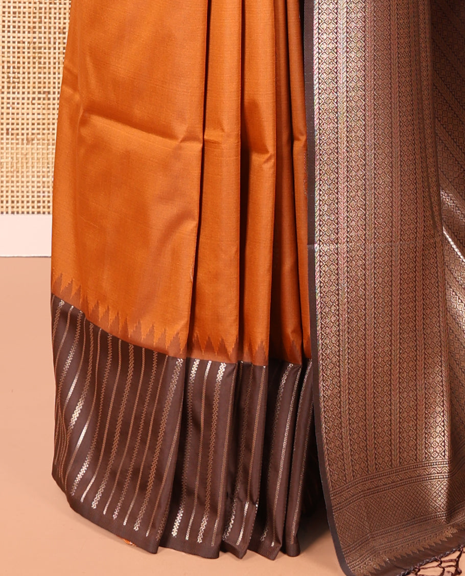 Orange Elite Soft Silk Saree, Enriched with Zari Buttas All Over Its Body, Complemented by Contrast Border Steeped with Geometric Patterns, Grand Pallu, and Paired with a Contrast Blouse