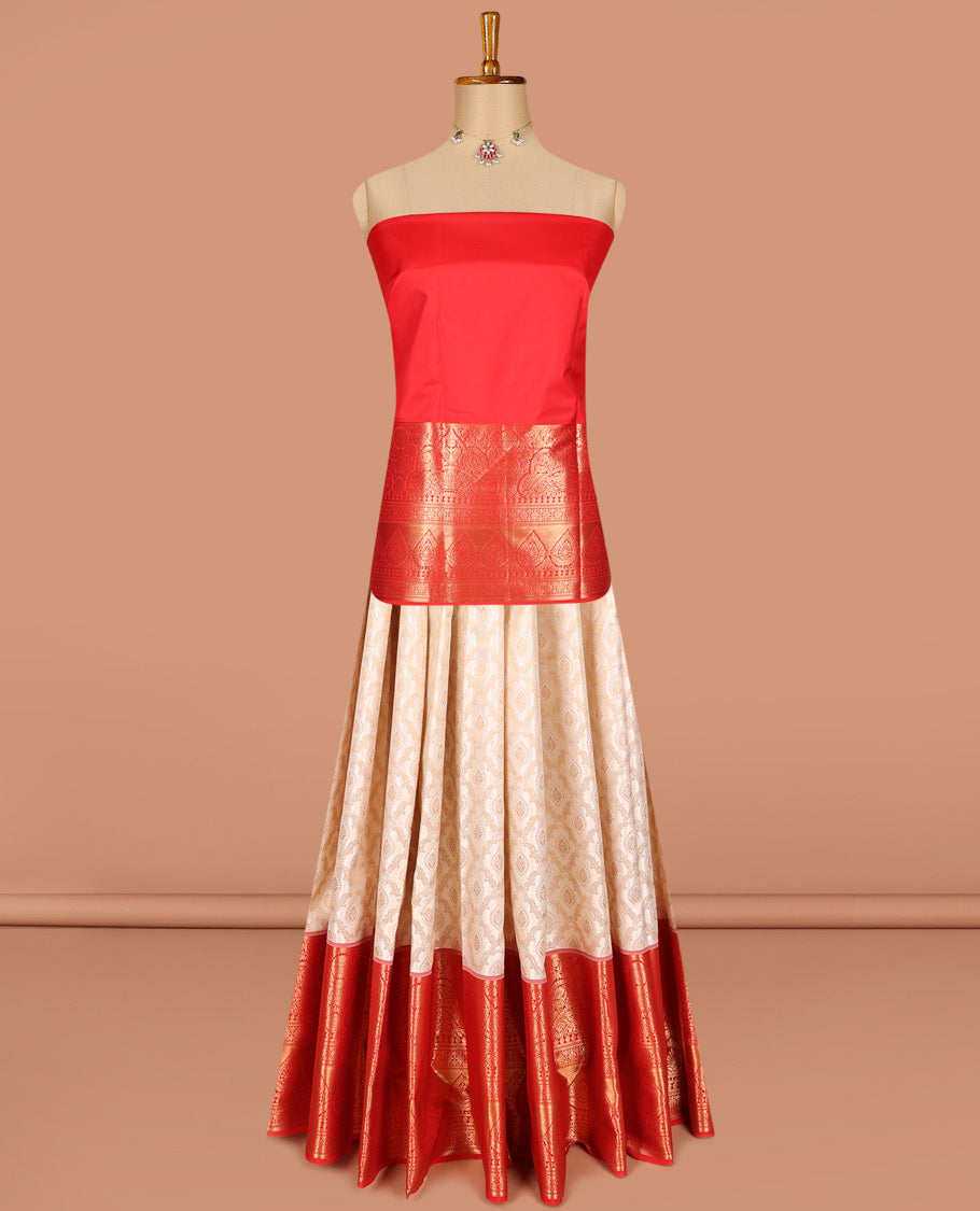 Cream pure silk half-saree,  jacquard skirt, contrast traditional zari border, matching zari blouse, and zari design dhavani