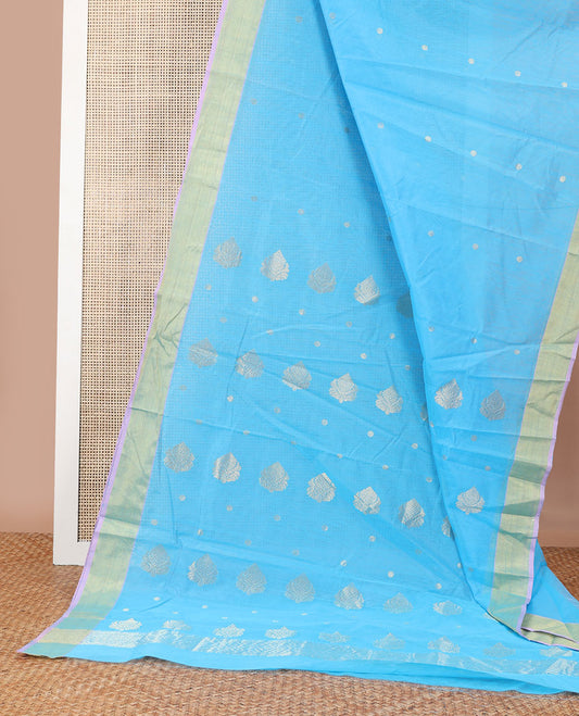 Sky blue floral motifs chanderi cotton saree with self zari design border & striped pallu