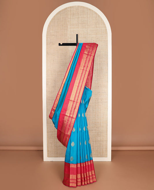 Blue zari buttas vasundhara silkmix saree, contrast mango design pallu & border of mayil, manga, yaanai & diamond design