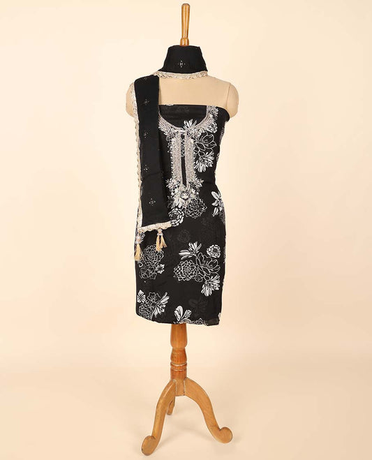 Black material chudidhar set, floral print & embroidered top, plain bottom & embroidered dupatta