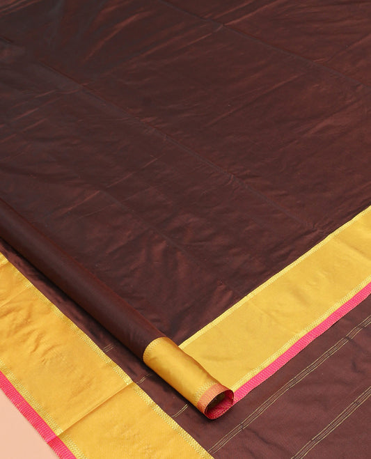 Brown Zari Buttas Nine-Yard Saree, Complemented by a Contrast Border, Self-Pallu of Buttas and Stripes, and No Blouse