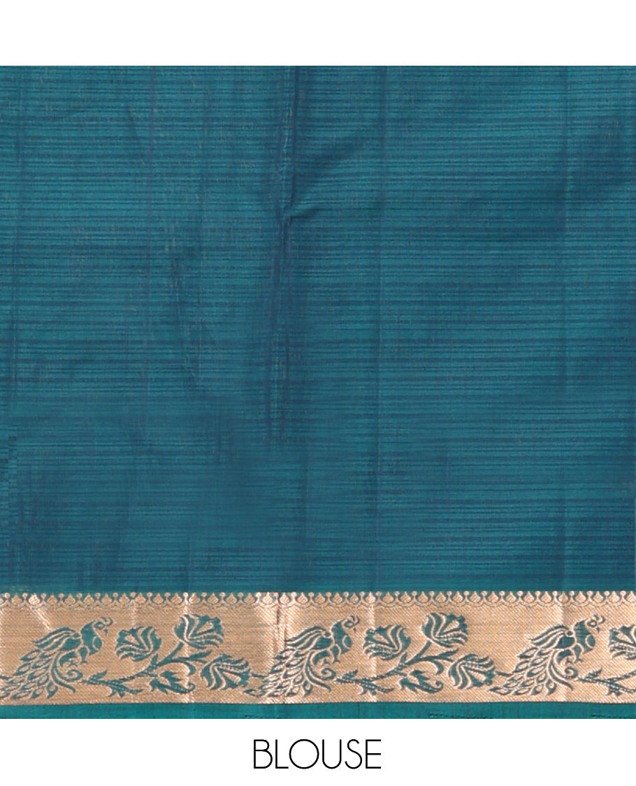 Blue Silk Cotton Saree, Subtly Enriched with Zari Buttas, a Contrast Floral Creeper Border, Jaal Pallu, and a Contrast Blouse