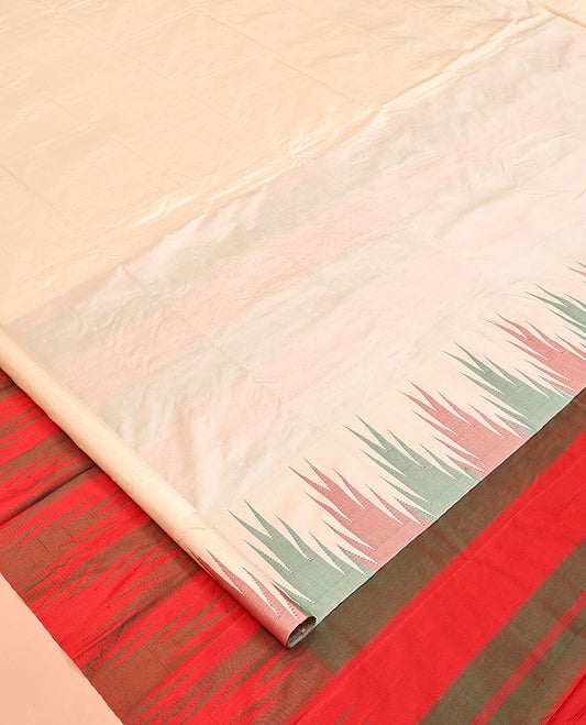 Light Sandal Plain Bangalore Silk Saree, Complemented by a Contrast Temple Border, Contrast Pallu of Stripes, and a Contrast Blouse