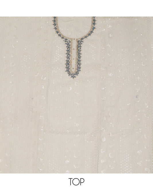 Cream and Blue Material Chudidar Set, Beautified with Chikankari-Style Thread and Sequins Embroidered on Georgette Top, a Plain Santoon Bottom, and Paired with a Floral Print and Chikankari-Style Embroidered Georgette Dupatta