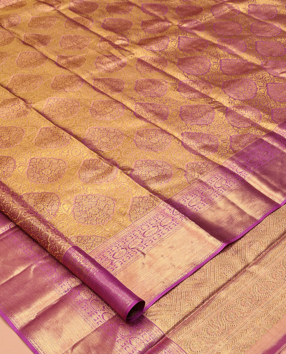 Gold Kanchipuram Tissue Silk Saree,Elegantly Highlighted with Jacquard Design,Complemented by Contrast Border of Banaras, Neli, Poun, and Kodi Visiry Designs, Jaal Pallu, and Contrast Blouse