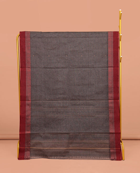 Grey Bengal Cotton Saree, Woven with Buttas All Over Its Body, Complemented by a Contrast Border of Unique Designs, Pallu of Stripes and Buttas, and Paired with a Matching Blouse