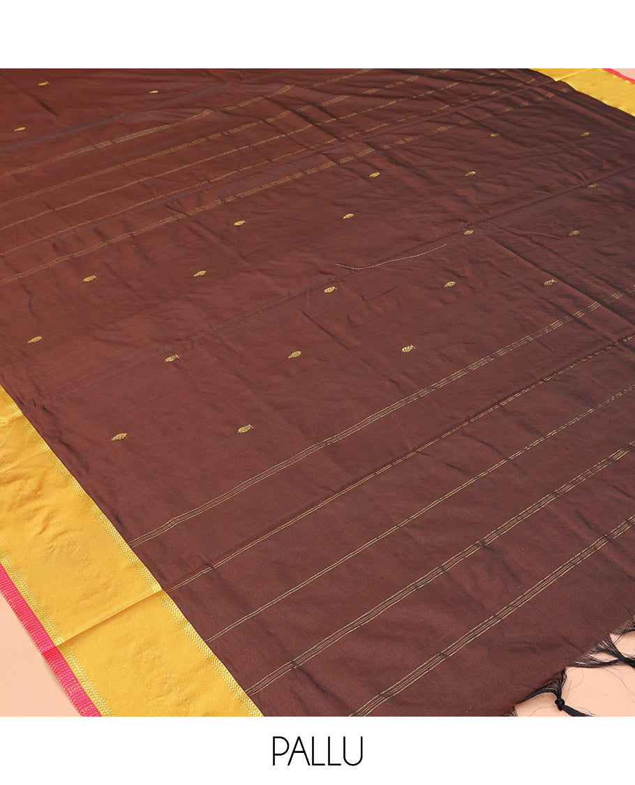 Brown Zari Buttas Ten Yard Saree, Complemented by a Contrast Border, Self-Pallu of Buttas and Stripes, and No Blouse