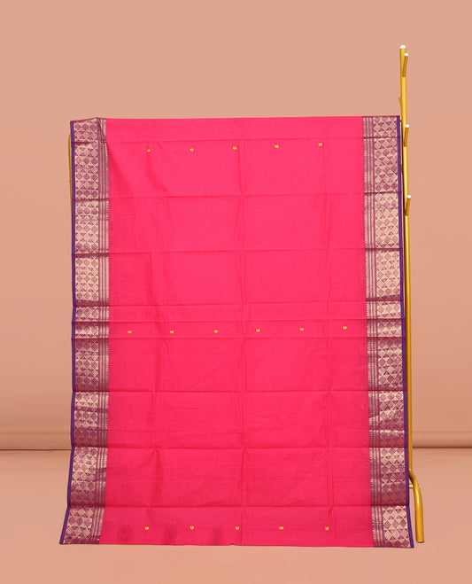 Pink Chettinad Cotton Saree, Subtly Sparkled with Buttas All Over Body, Complemented by a Contrasting Traditional Zari Design Border, Subtly Striped Pallu, and Paired with a Matching Blouse