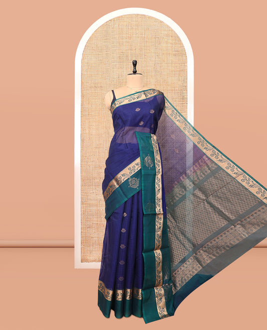 Blue Silk Cotton Saree, Subtly Enriched with Zari Buttas, a Contrast Floral Creeper Border, Jaal Pallu, and a Contrast Blouse