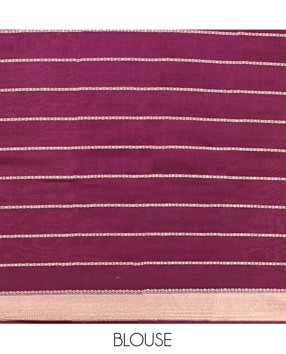 Peach Assam Silk Saree, Crafted with Zari Stripes, a Traditional Zari Border, a Gleaming Zari-Striped Pallu, and a Contrast Blouse