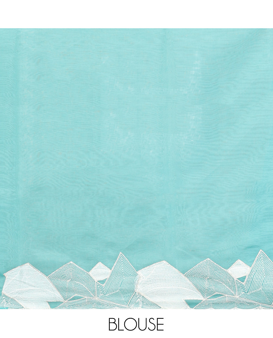 Blue Plain Organza Saree, a Scalloped Geometric Thread Embroidery Border, Embroidery Pallu, and a Matching Blouse