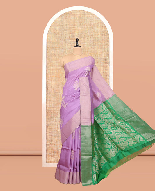Lavender Uppada Saree, Decorated with Floral Buttas, a Bavanji Border, Contrast Intricate Pallu, and a Contrast Blouse