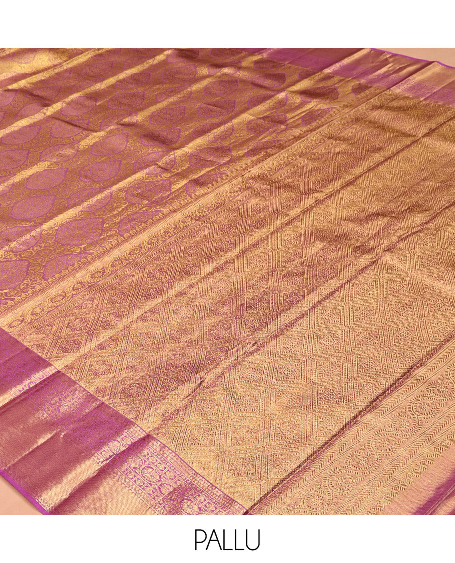 Gold Kanchipuram Tissue Silk Saree,Elegantly Highlighted with Jacquard Design,Complemented by Contrast Border of Banaras, Neli, Poun, and Kodi Visiry Designs, Jaal Pallu, and Contrast Blouse