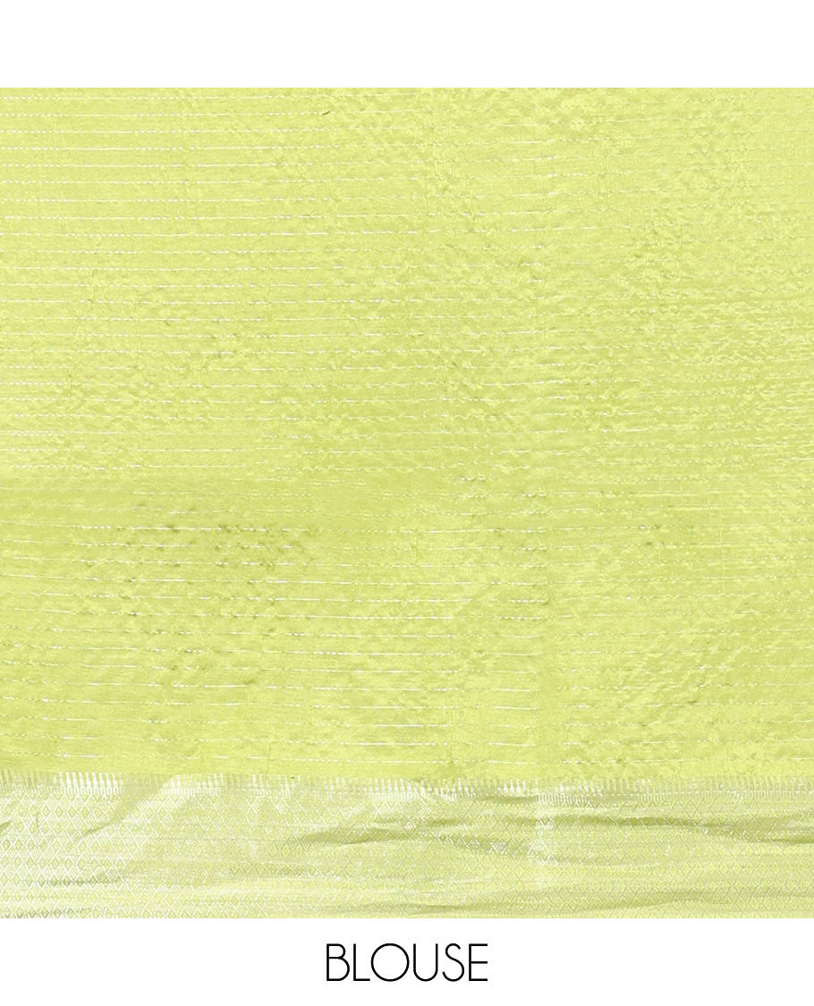 Green Banana Pith Saree, Sparsely Woven with Stripes All Over Its Body, Subtle Self-Border of Jaal Designs, Pallu Steeped with Stripes, and Paired with a Matching Blouse