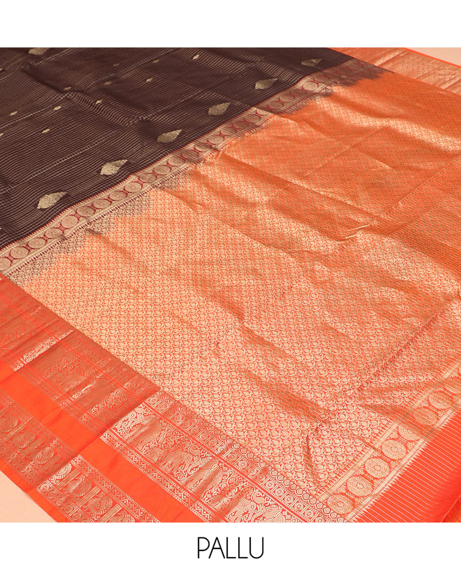 Brown Vasundhara Silk Saree, Woven with Zari Buttas and Checks, a Contrast Rettai Pettu Border of Yaanai, Mayil, and Neli Designs, Grand Pallu, and a Contrast Blouse