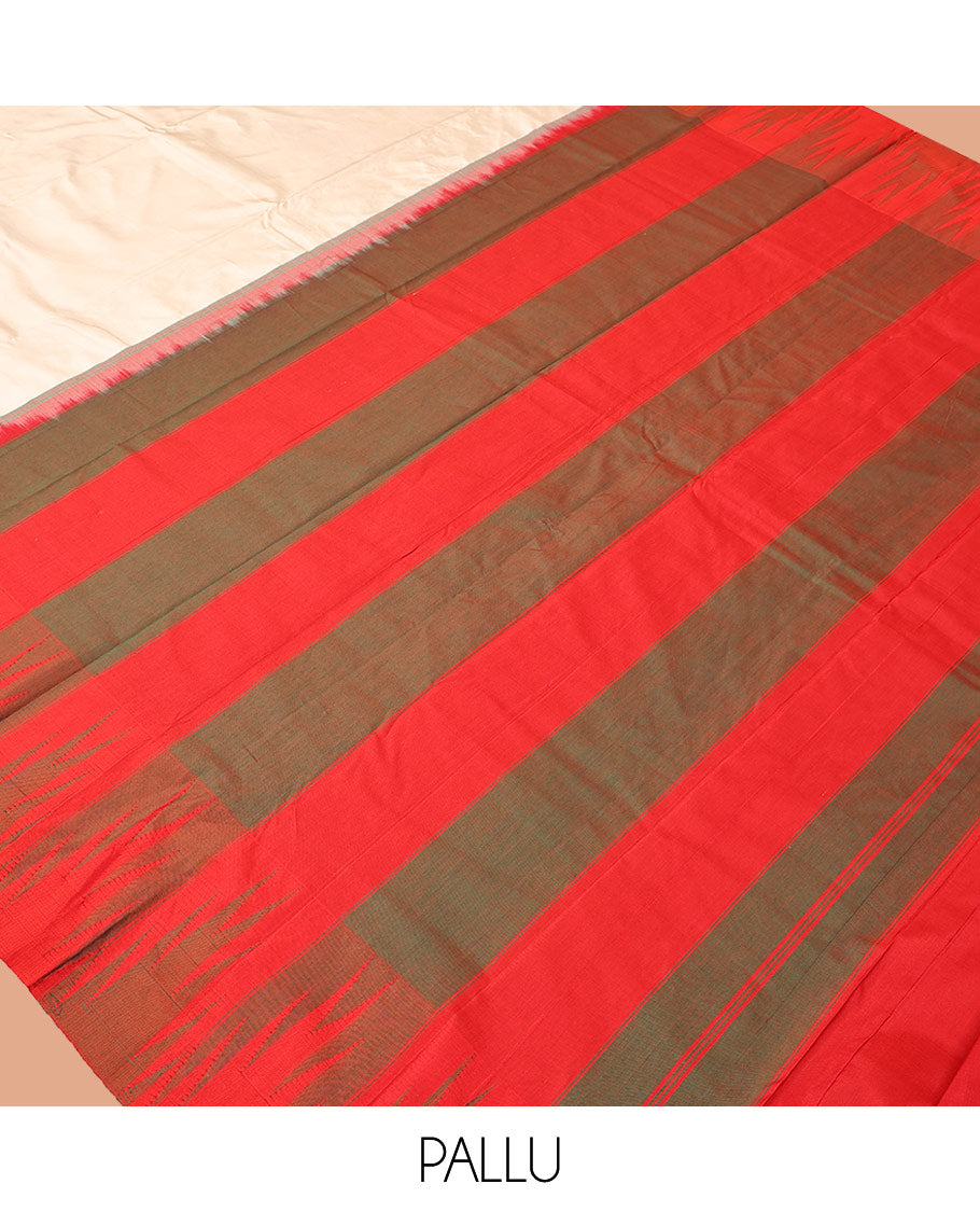 Light Sandal Plain Bangalore Silk Saree, Complemented by a Contrast Temple Border, Contrast Pallu of Stripes, and a Contrast Blouse