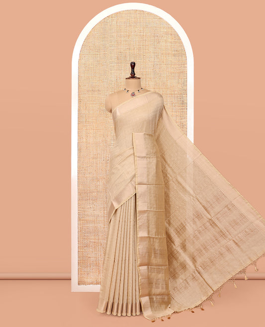 Sandal Assam Silk Saree, Subtly Sparkled with Zari Checks, Highlighted by Zari Border, Zari-Striped Pallu, and a Matching Blouse