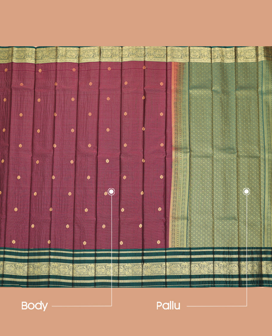 Purple Budget Silk Saree, Embellished with Zari Stripes and Buttas All Over Its Body, Complemented by Contrast Traditional Animal Motifs Woven Border, Jaal Pallu and Paired with a Contrast Blouse