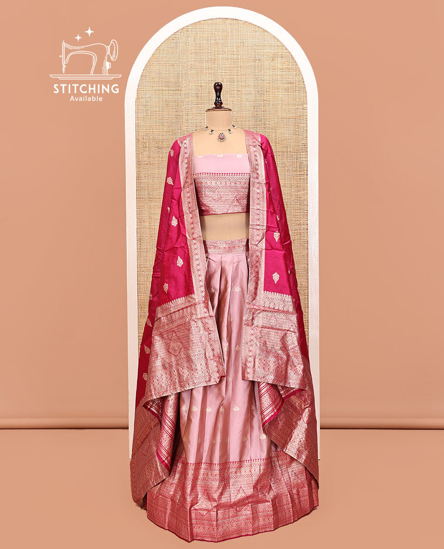 Pink Art Silk Half Saree, Bedecked with Buttas Skirt, Contrast Traditional Border, Matching Blouse, and a Contrast Banaras Dhavani