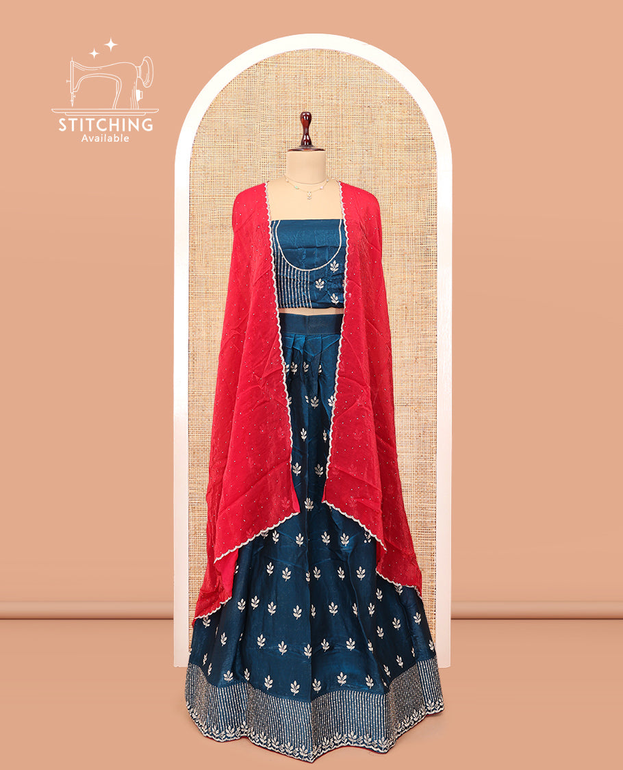 Peacock Blue Banarasi Half-Saree, Delicately Woven with Floral Buttas Embroidered Skirt, Embroidered Border, Matching Blouse, and Contrast Scallop Embroidered Dupatta